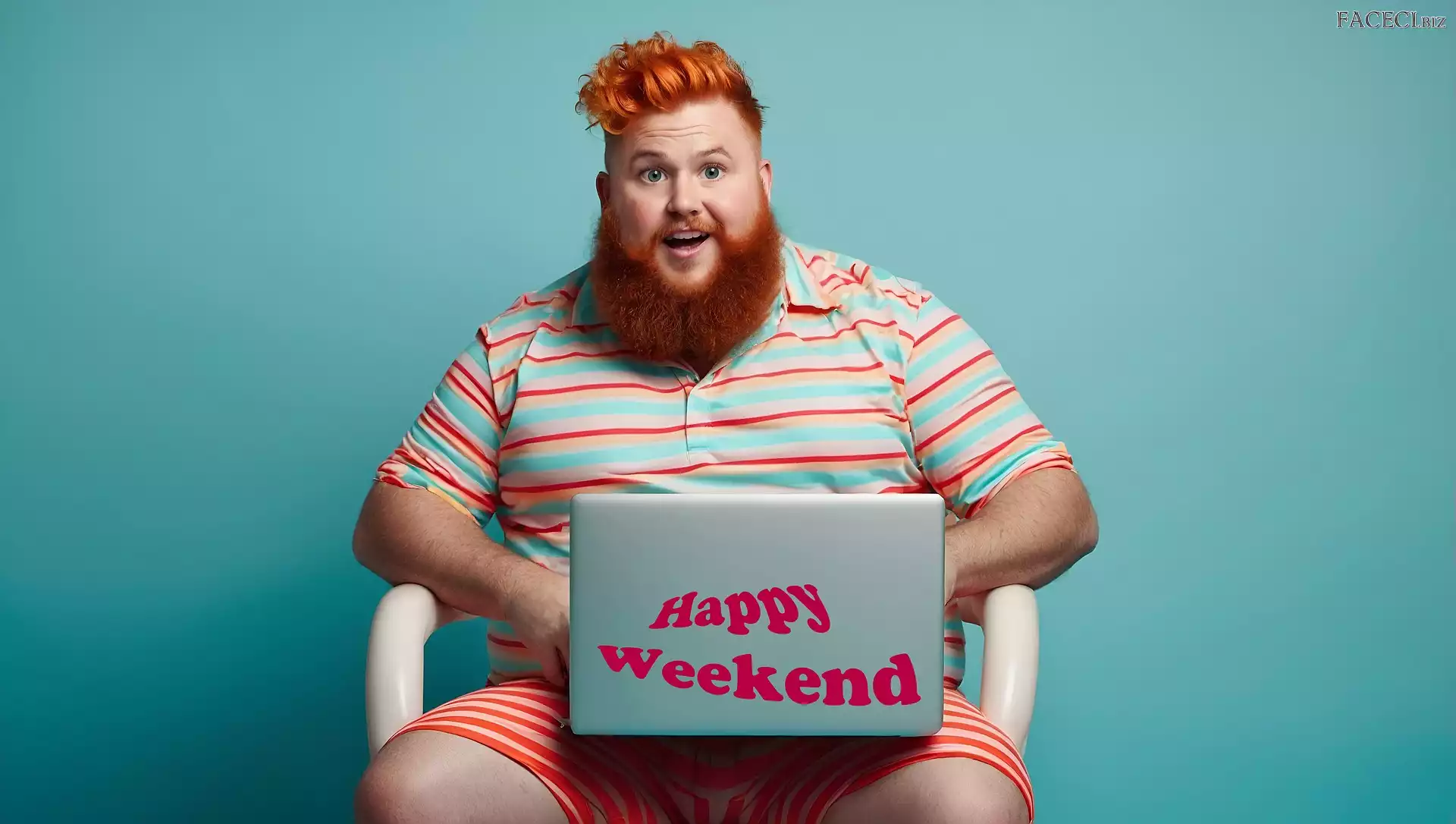 Laptop, Włosy, Mężczyzna, Broda, Rude, Siedzący