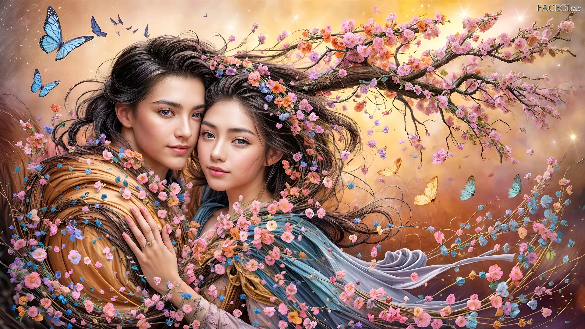 Grafika, Motyle, Kobieta, Mężczyzna, Kwiaty, Gałąź